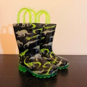 Western Chief Wade Dino Lighted Rain Boots Black Neon Green Toddler Size 5